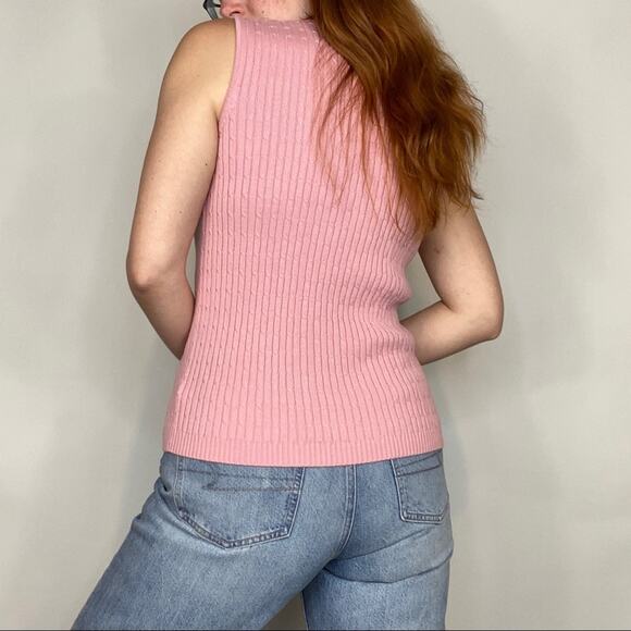 Vintage 90s Size Medium Light Pink Cotton Cable Knit Sleeveless Sweater Tank Top - Picture 8 of 11